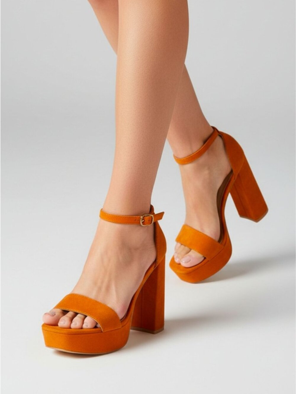 Chunky Block Heels In Camel Faux Suede With Adjustable Ankle Strap Womens Platfo